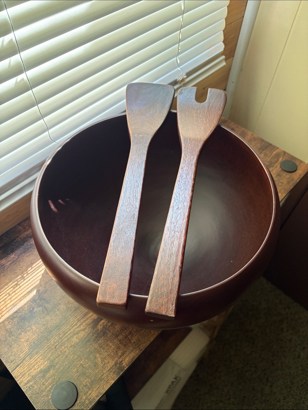 Crate and Barrel Vintage Large Solid chestnut Mango Wood bowl 10”x7” And Tongs